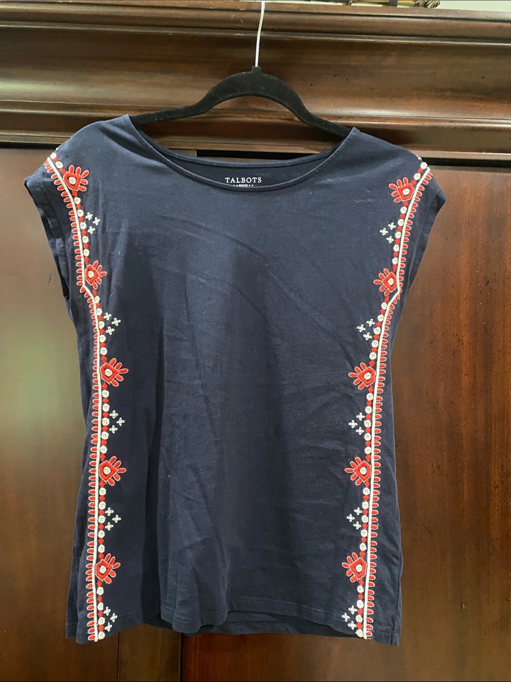 Talbots Navy Top with Red Floral Embroidery
